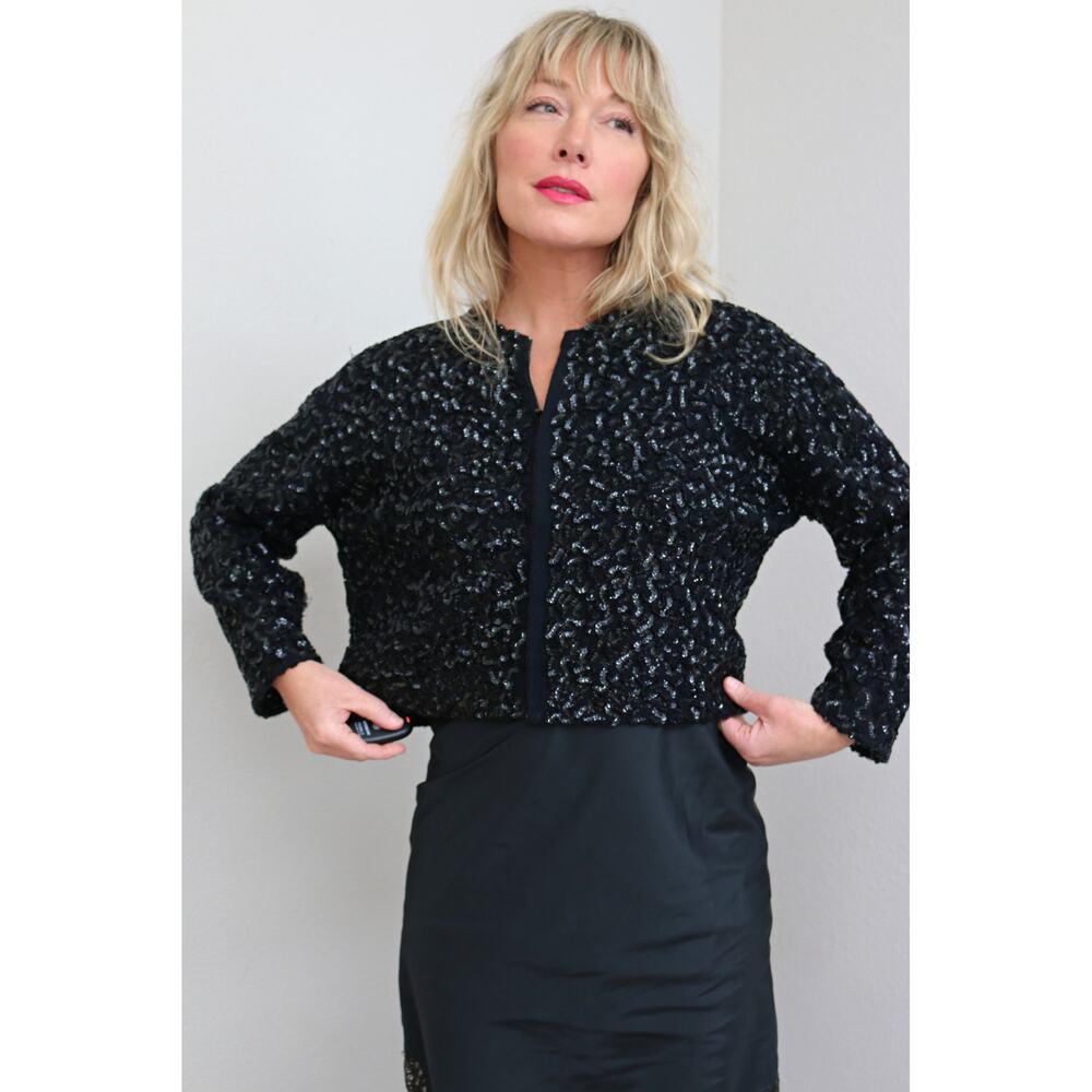 1950's Vintage Roy Bjorkman Wool Squiggle Sequin Evening Cardigan Women's SM MD